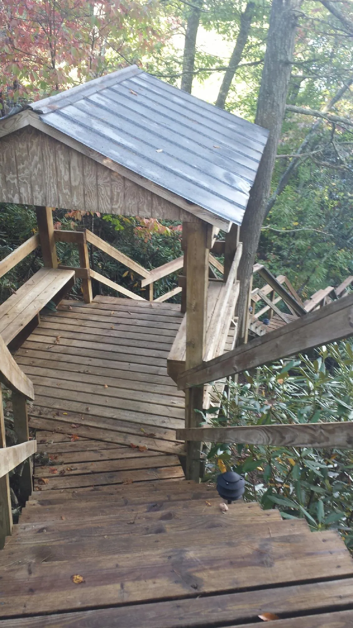 Metal roofed shelter over wooden steps on a wooded walkway — Skylight Repair & Installation work by our crew in Noxon